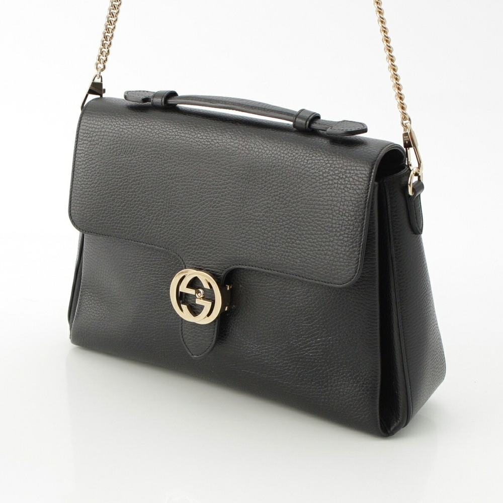 Gucci Strap GG Interlocking Chain Black Handbag Leather Shoulder